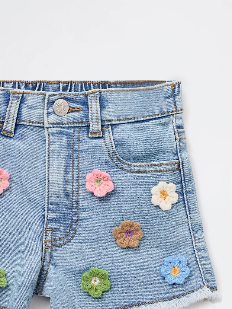 HOP Kids Girls Blue Floral High-Rise Denim Shorts - Image 5