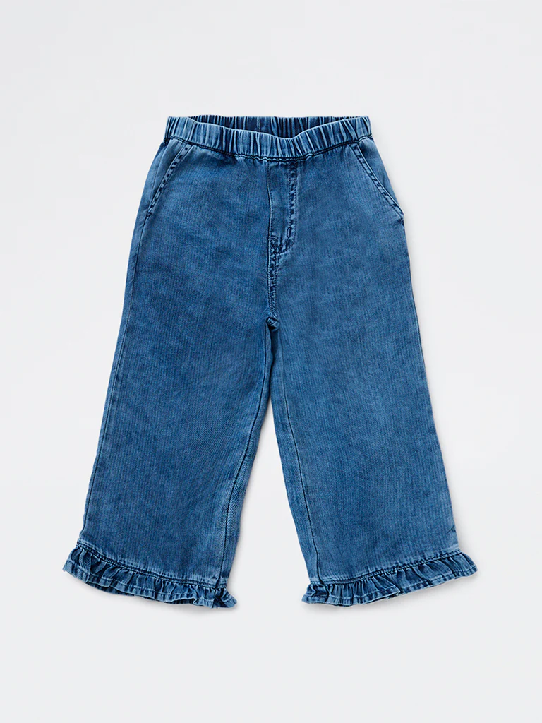 HOP Kids Girls Blue High-Rise Ruffled Hem Denim Trousers