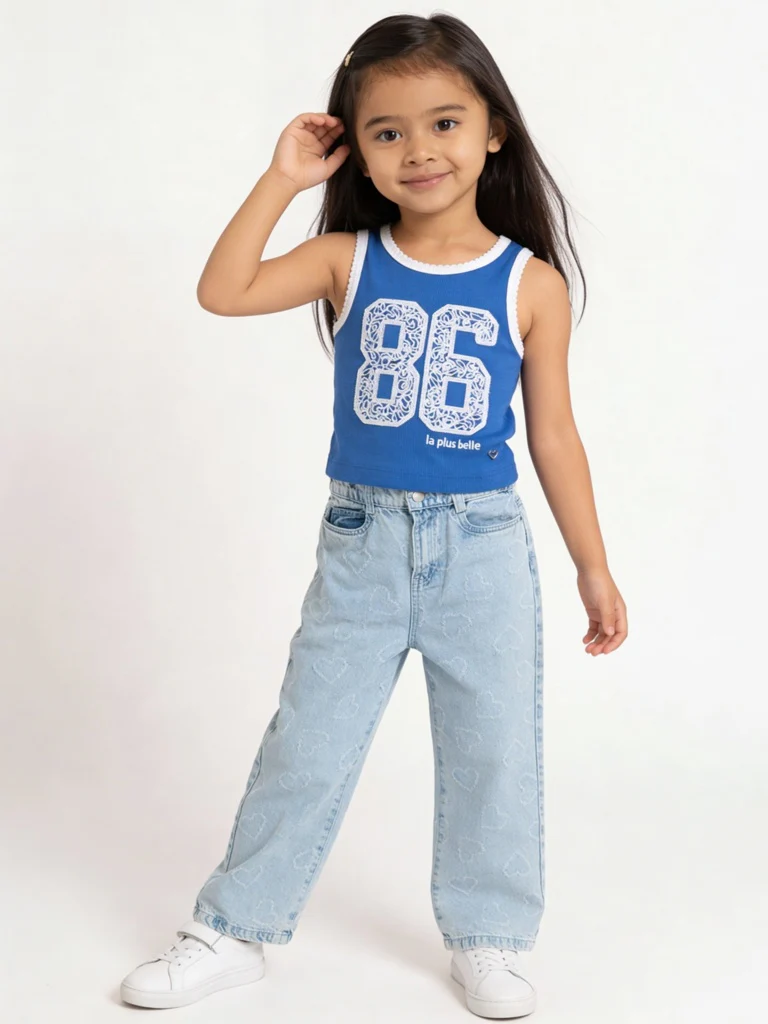 HOP Kids Girls Blue Numerical Embroidered Cotton-Blend Top