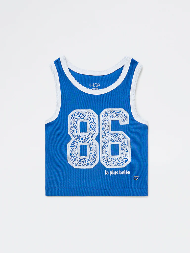 HOP Kids Girls Blue Numerical Embroidered Cotton-Blend Top - Image 3