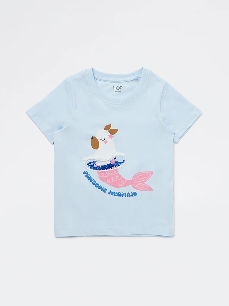 HOP Kids Girls Blue Printed Cotton T-Shirt - Image 4