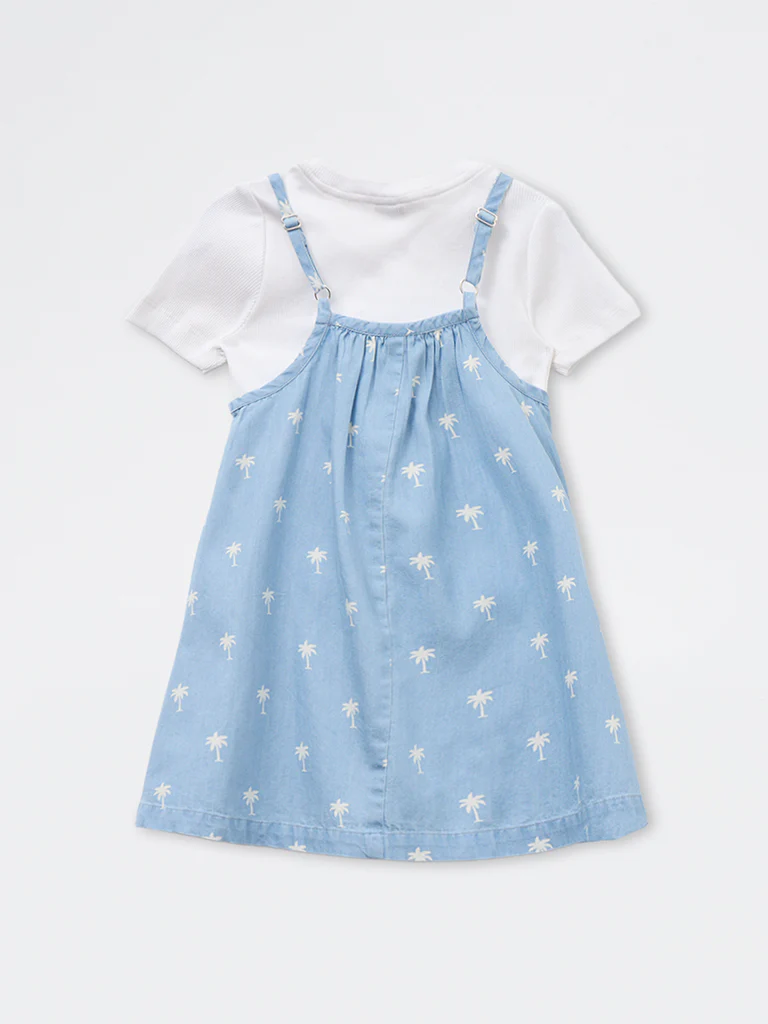 HOP Kids Girls Blue Printed Denim Pinafore and T-Shirt Set - Image 2