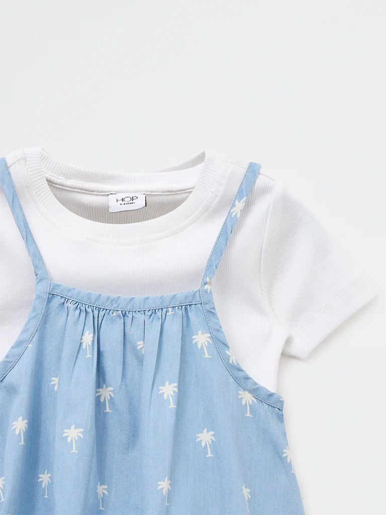 HOP Kids Girls Blue Printed Denim Pinafore and T-Shirt Set - Image 3