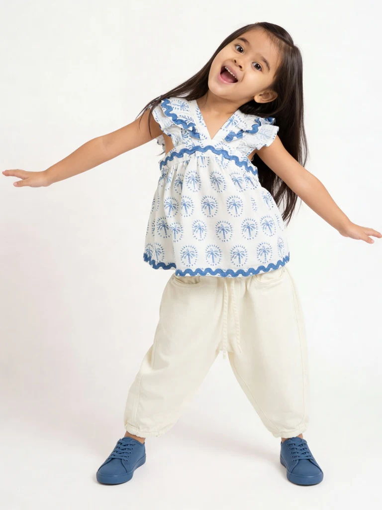HOP Kids Girls Blue Tropical Printed Cotton Dress