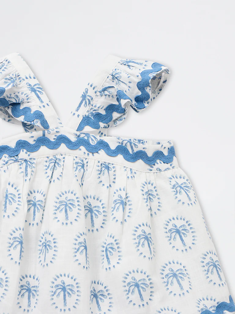 HOP Kids Girls Blue Tropical Printed Cotton Dress - Image 5