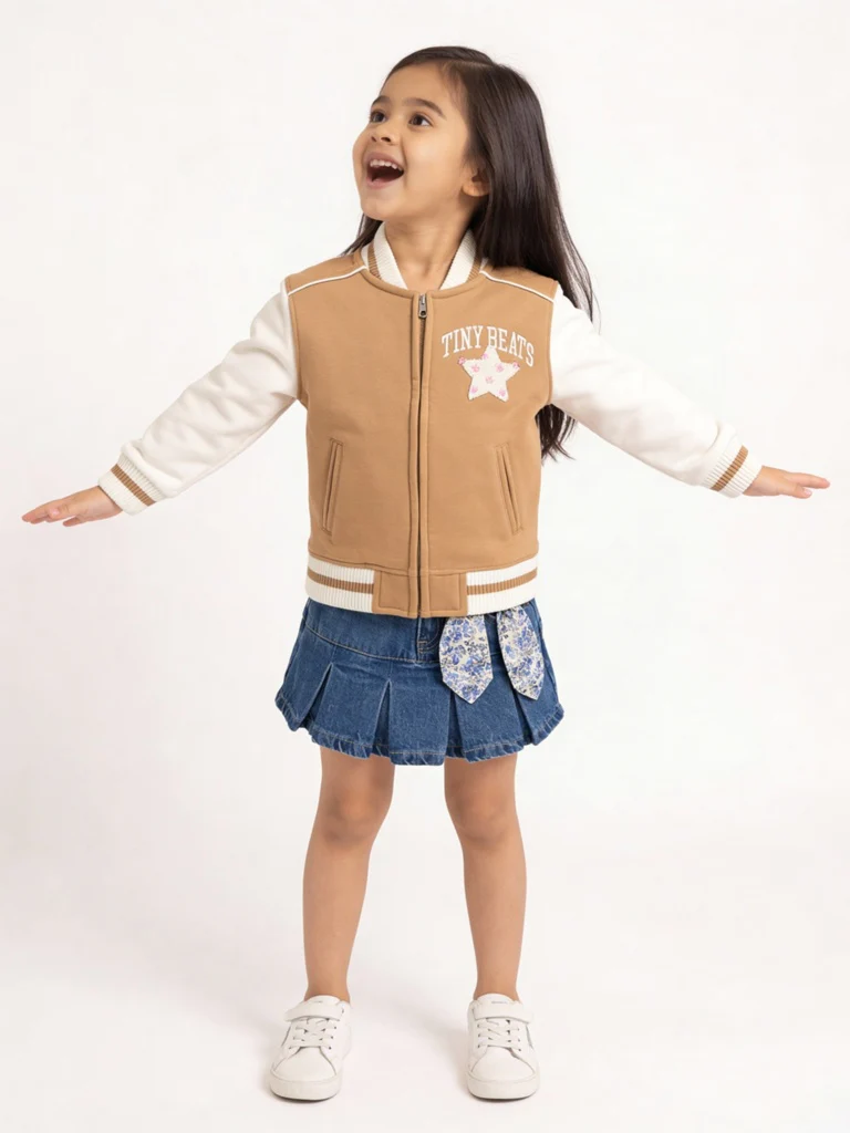 HOP Kids Girls Brown and Off-White Cotton-Blend Bomber Jacket
