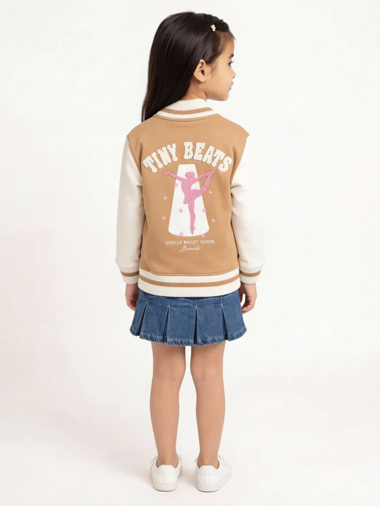 HOP Kids Girls Brown and Off-White Cotton-Blend Bomber Jacket - Image 2