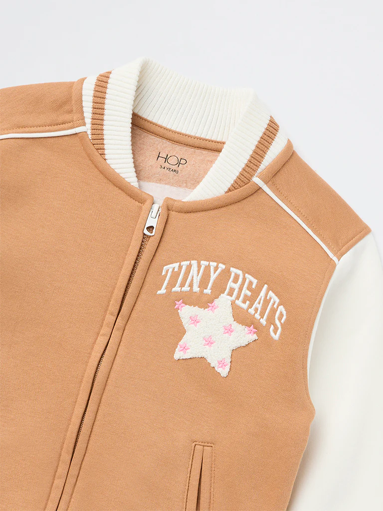 HOP Kids Girls Brown and Off-White Cotton-Blend Bomber Jacket - Image 5