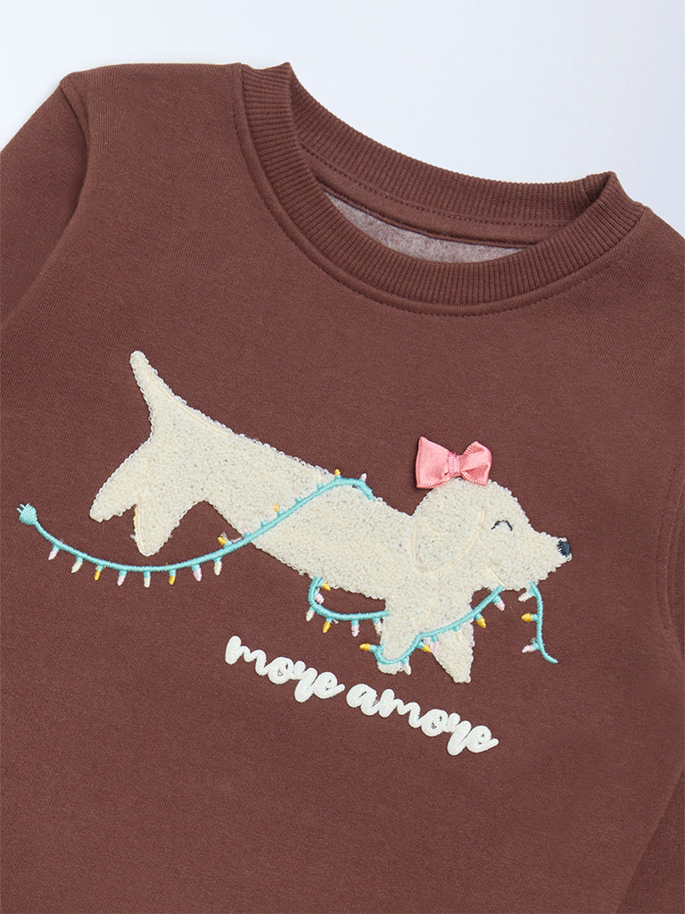 HOP Kids Girls Brown Animal-Detail Cotton-Blend Sweatshirt - Image 6