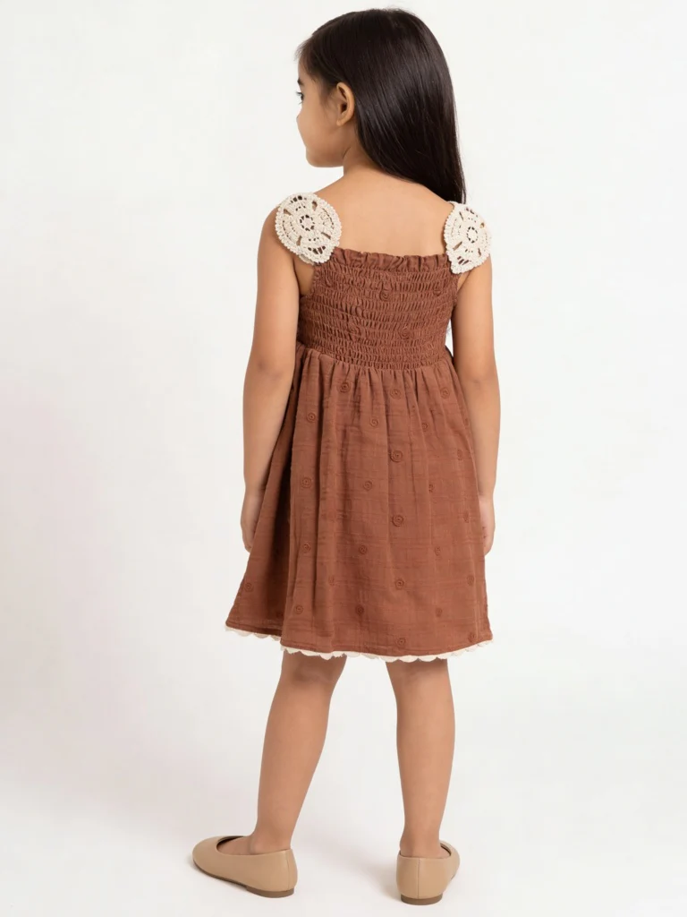 HOP Kids Girls Brown Embroidered Cotton A-Line Dress - Image 2