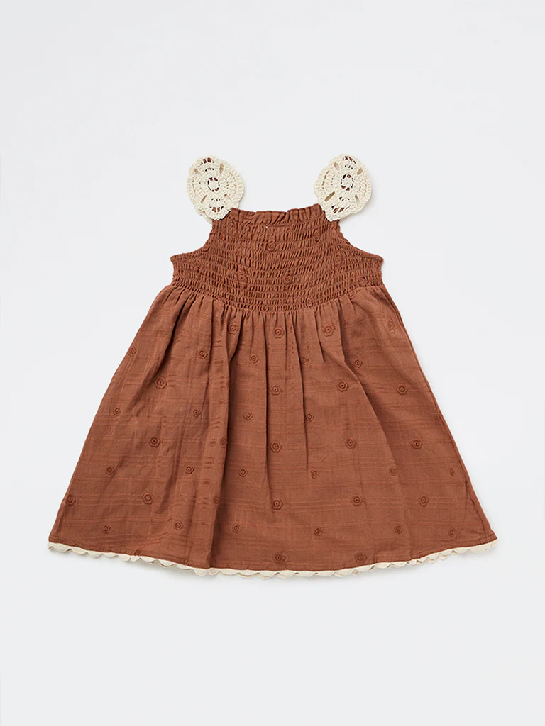 HOP Kids Girls Brown Embroidered Cotton A-Line Dress - Image 4