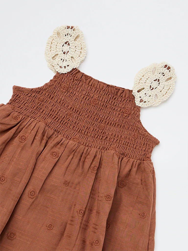 HOP Kids Girls Brown Embroidered Cotton A-Line Dress - Image 5