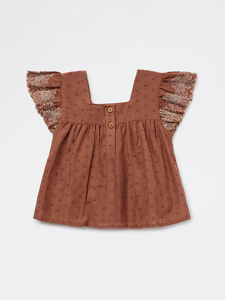 HOP Kids Girls Brown Floral Embroidered Cotton Top - Image 2