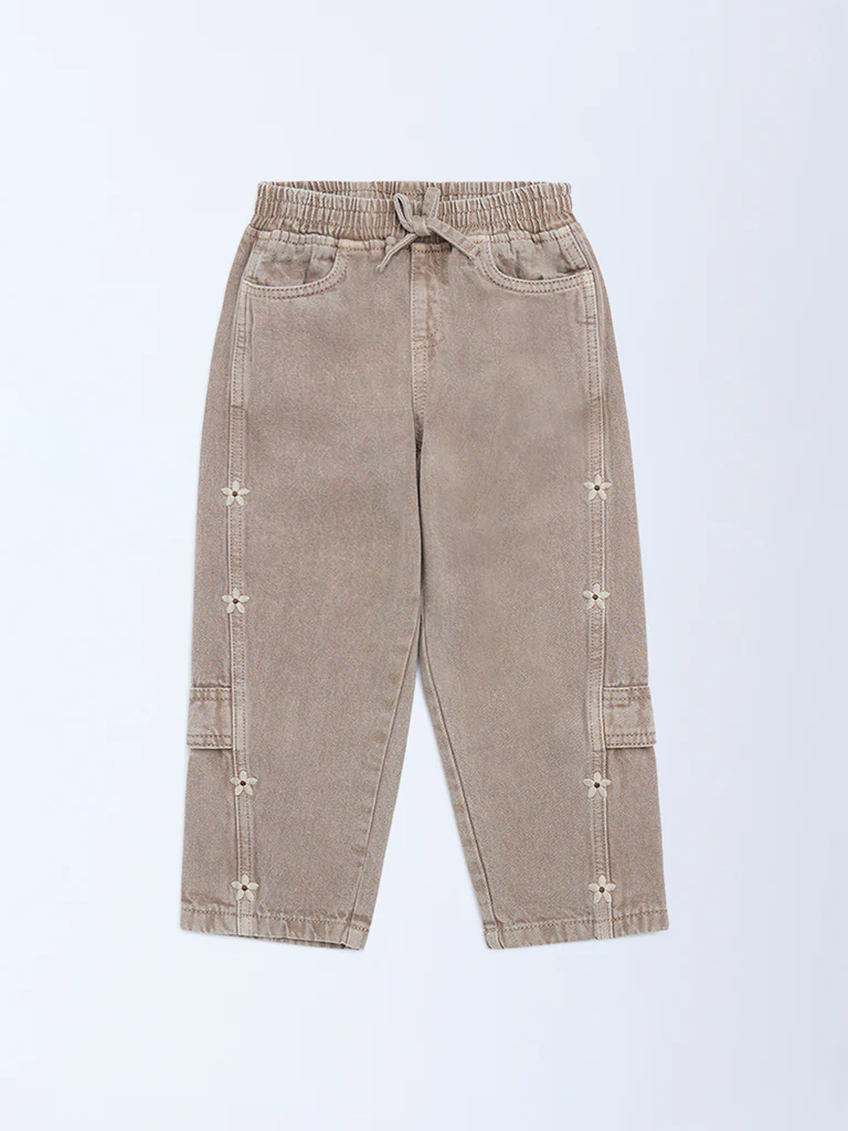 HOP Kids Girls Brown Floral Embroidered High-Rise Jeans - Image 3