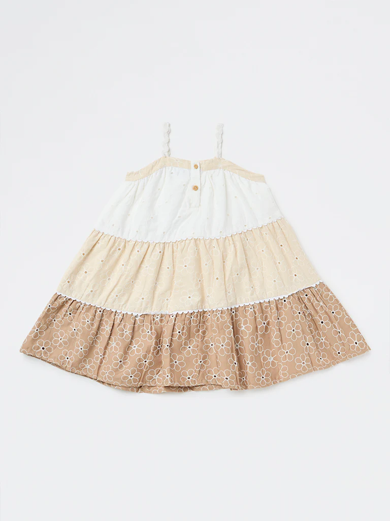 HOP Kids Girls Brown Schiffli Detailed Cotton Tiered Dress - Image 4