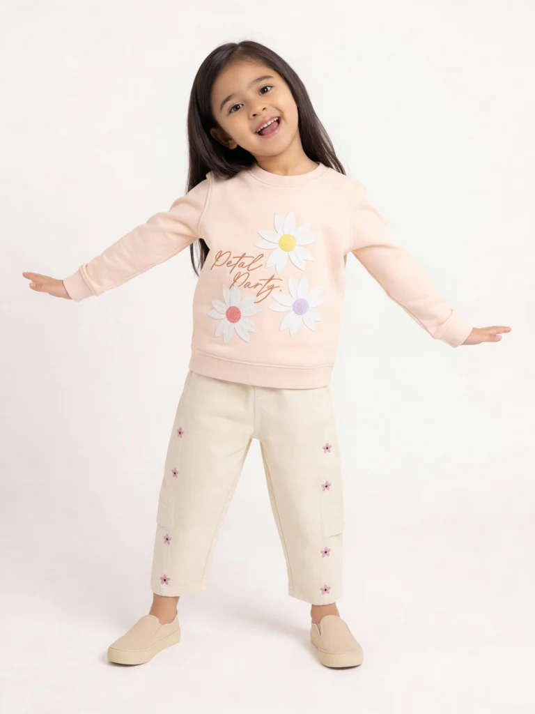 HOP Kids Girls Cream Embroidered Relaxed-Fit High-Rise Jeans