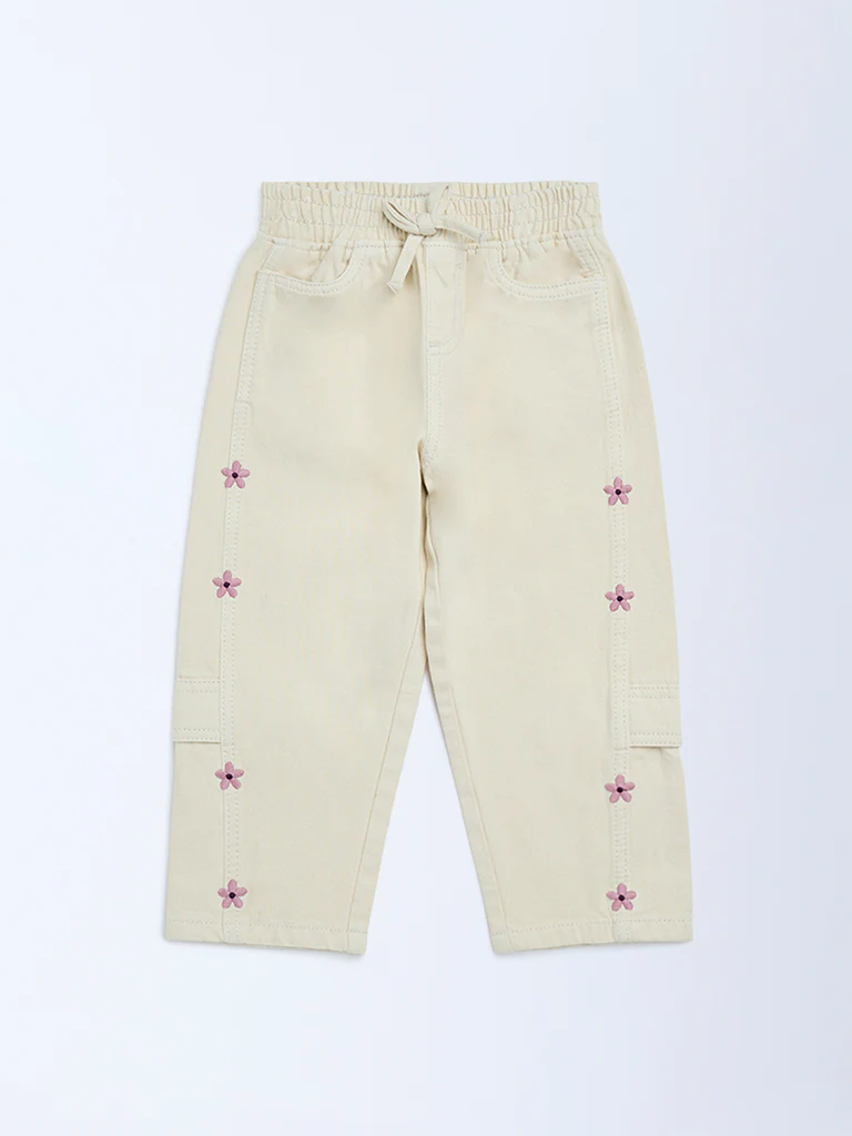 HOP Kids Girls Cream Embroidered Relaxed-Fit High-Rise Jeans - Image 3