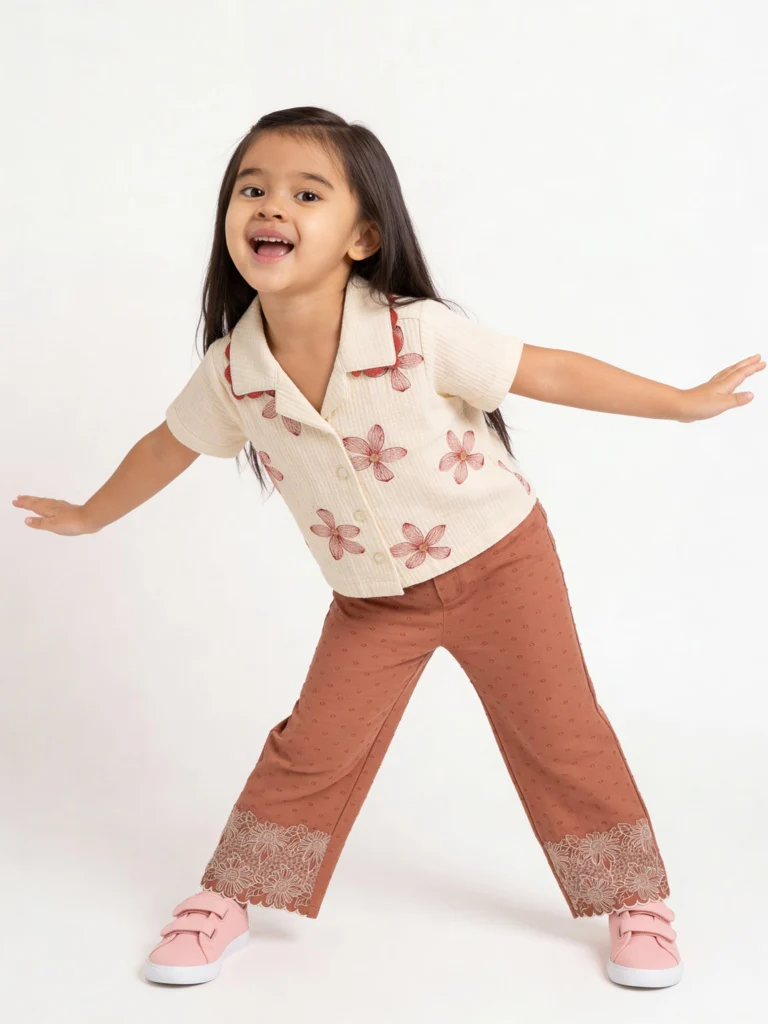 HOP Kids Girls Cream Floral Embroidered Resort-Fit Cotton Shirt