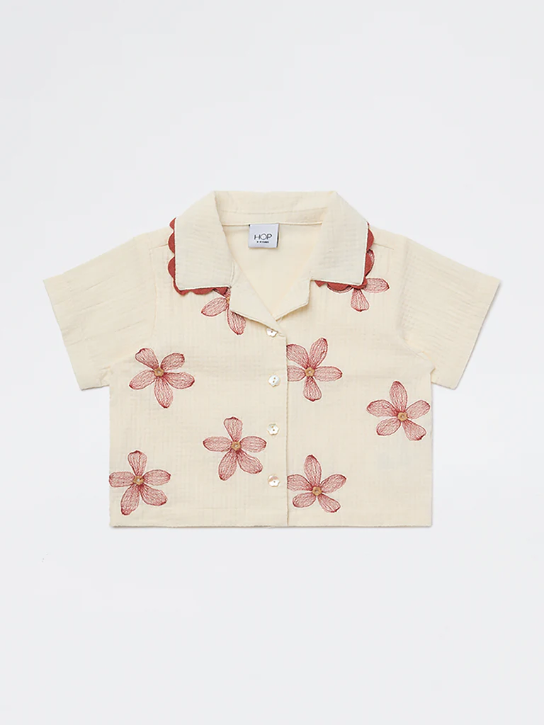 HOP Kids Girls Cream Floral Embroidered Resort-Fit Cotton Shirt - Image 3
