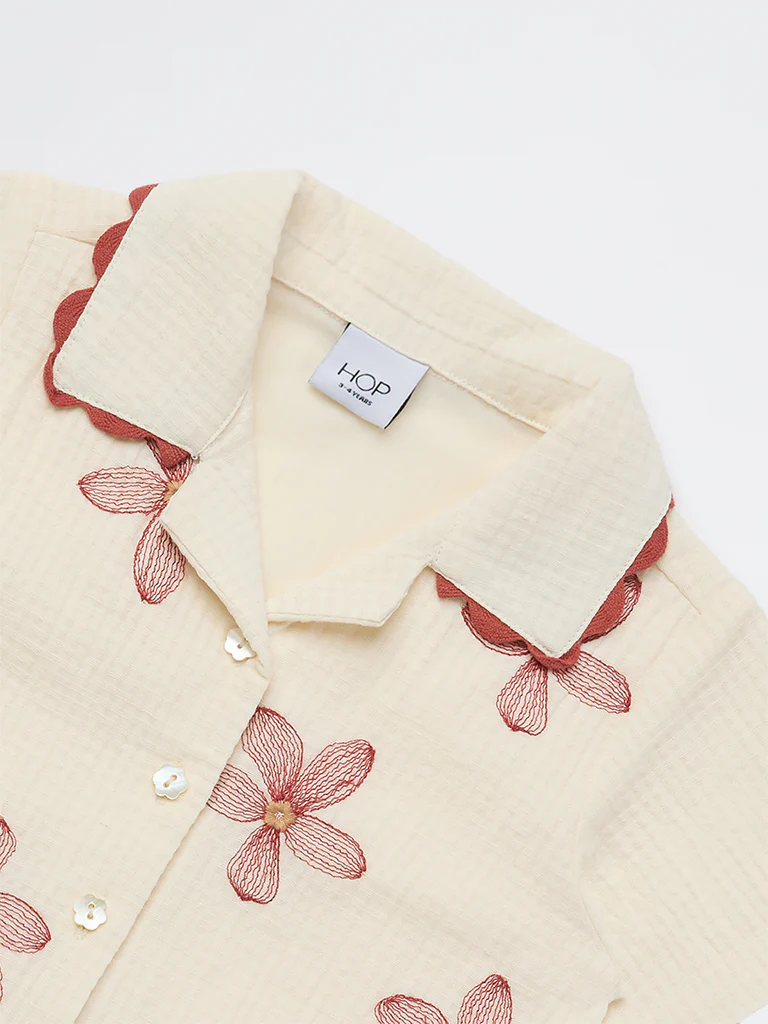 HOP Kids Girls Cream Floral Embroidered Resort-Fit Cotton Shirt - Image 5