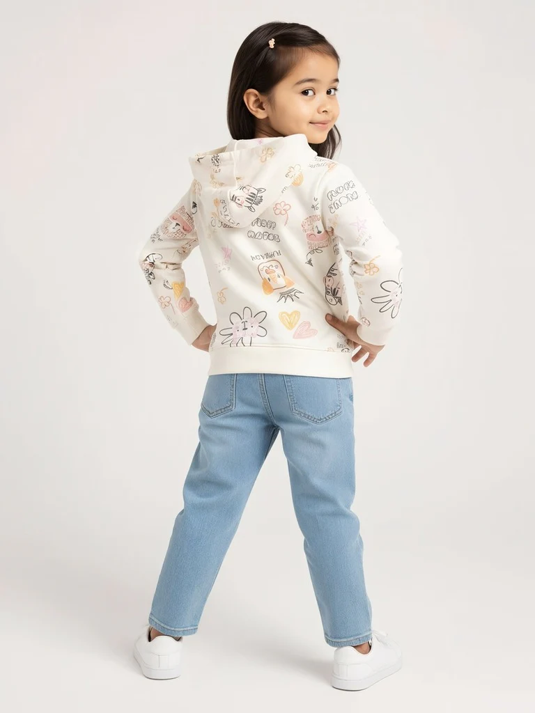 HOP Kids Girls Cream Printed Cotton-Blend Hoodie - Image 2