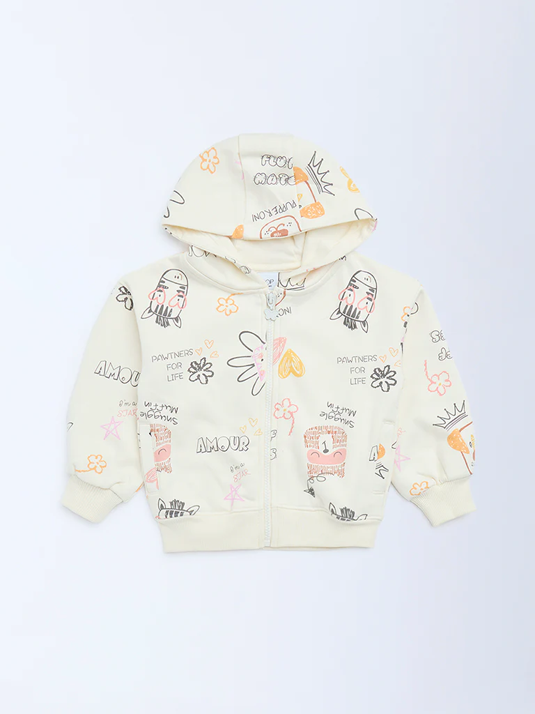 HOP Kids Girls Cream Printed Cotton-Blend Hoodie - Image 3