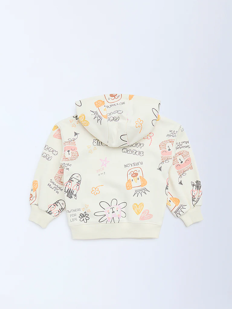HOP Kids Girls Cream Printed Cotton-Blend Hoodie - Image 4