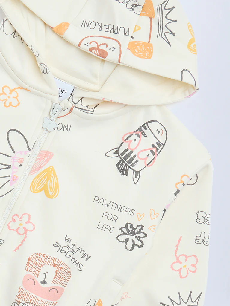 HOP Kids Girls Cream Printed Cotton-Blend Hoodie - Image 5