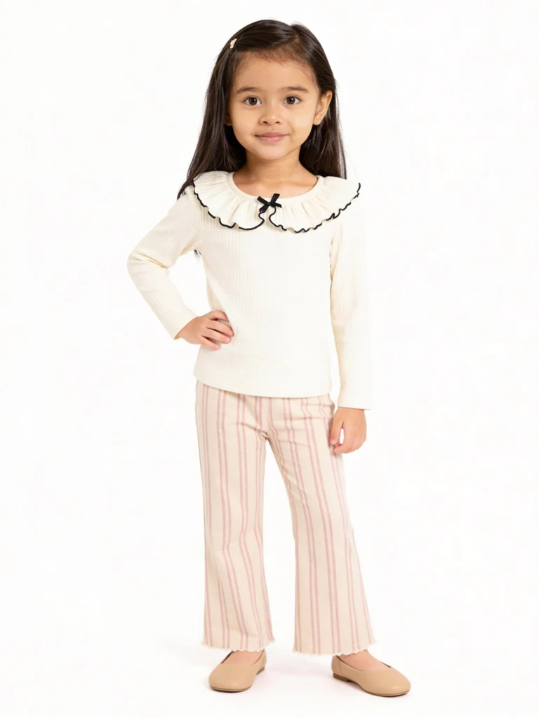 HOP Kids Girls Cream Striped High-Rise Cotton Trousers