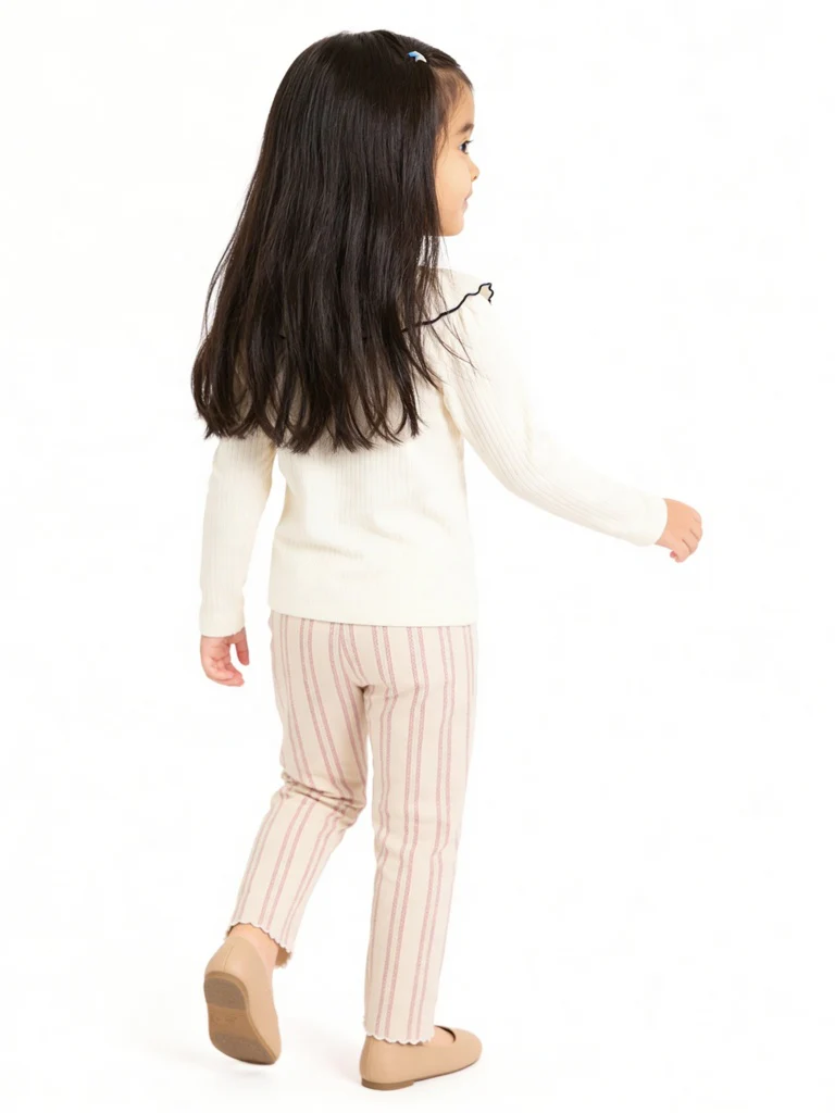 HOP Kids Girls Cream Striped High-Rise Cotton Trousers - Image 2