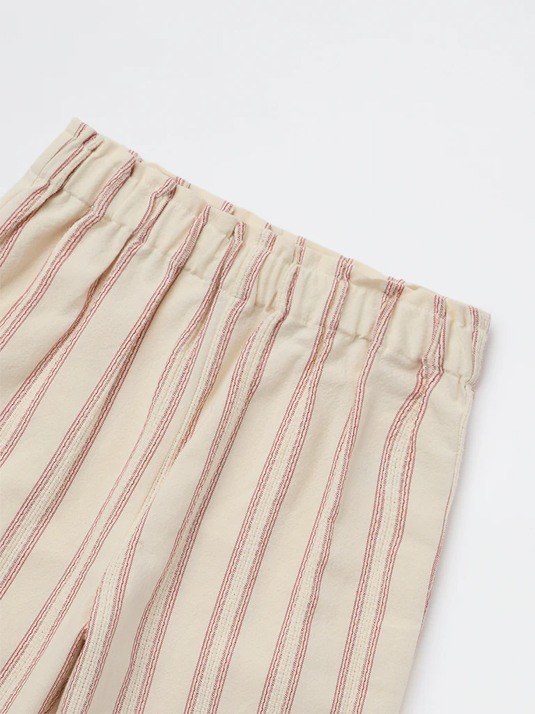 HOP Kids Girls Cream Striped High-Rise Cotton Trousers - Image 5