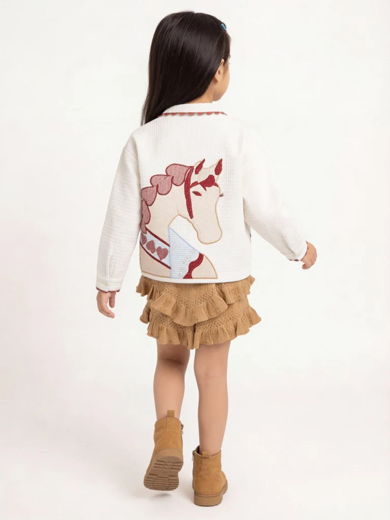 HOP Kids Girls Cream Textured Embroidered Cotton Shirt - Image 2
