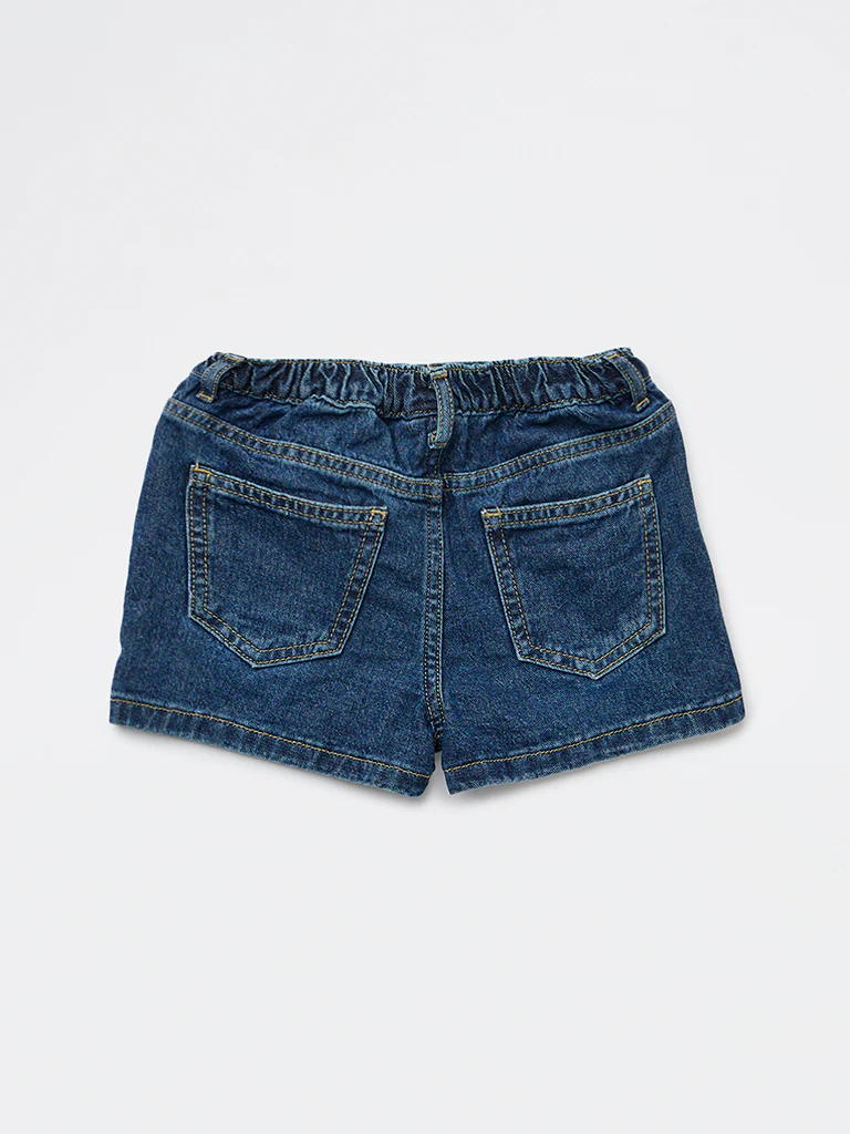 HOP Kids Girls Dark Blue Embroidered High-Rise Denim Shorts - Image 2