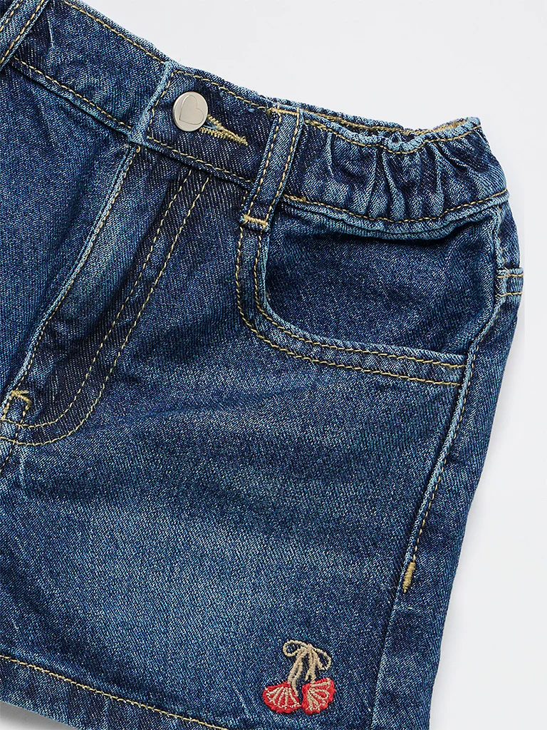 HOP Kids Girls Dark Blue Embroidered High-Rise Denim Shorts - Image 3