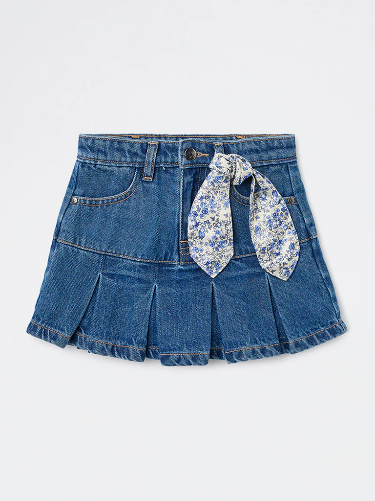 HOP Kids Girls Dark Blue Solid Mid-Rise Denim Skorts - Image 4