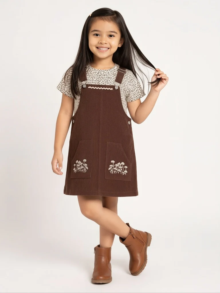 HOP Kids Girls Dark Brown Corduroy Pinafore with T-Shirt Set