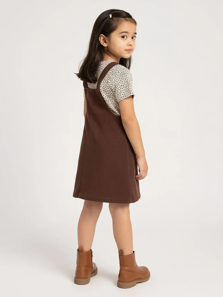 HOP Kids Girls Dark Brown Corduroy Pinafore with T-Shirt Set - Image 2