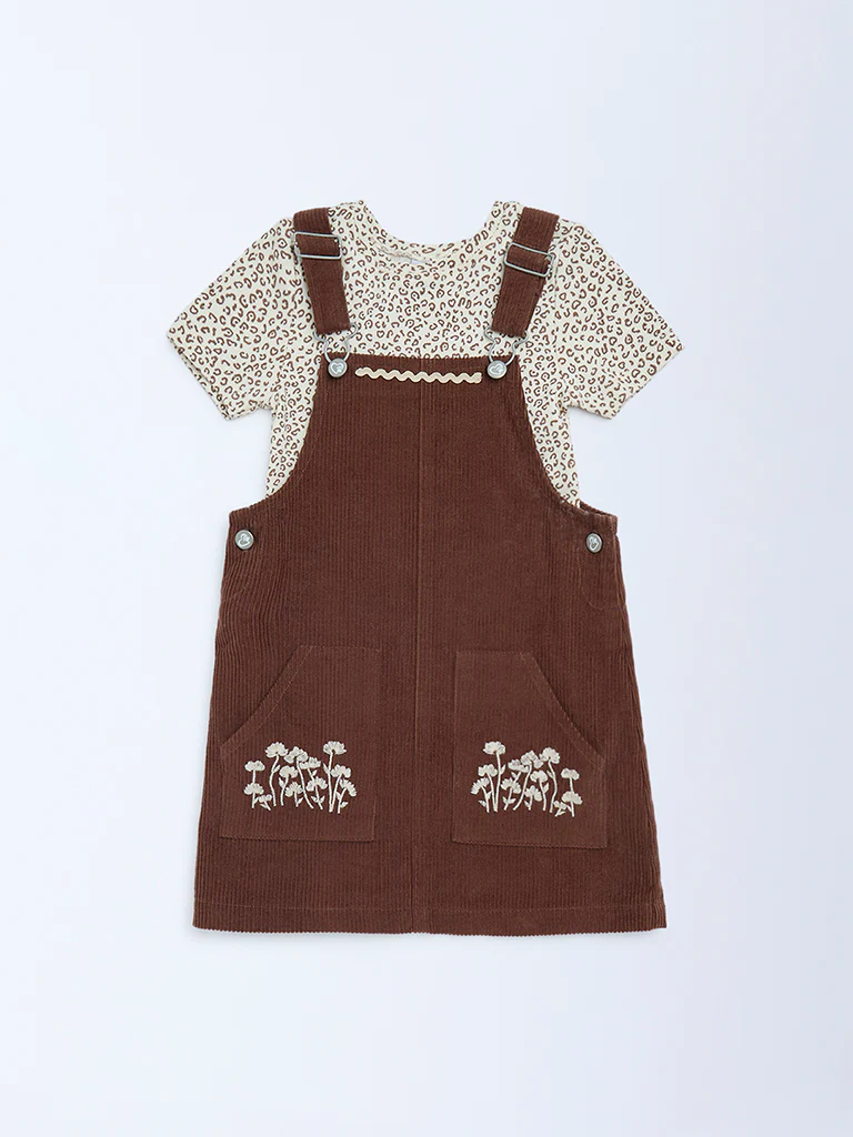 HOP Kids Girls Dark Brown Corduroy Pinafore with T-Shirt Set - Image 3