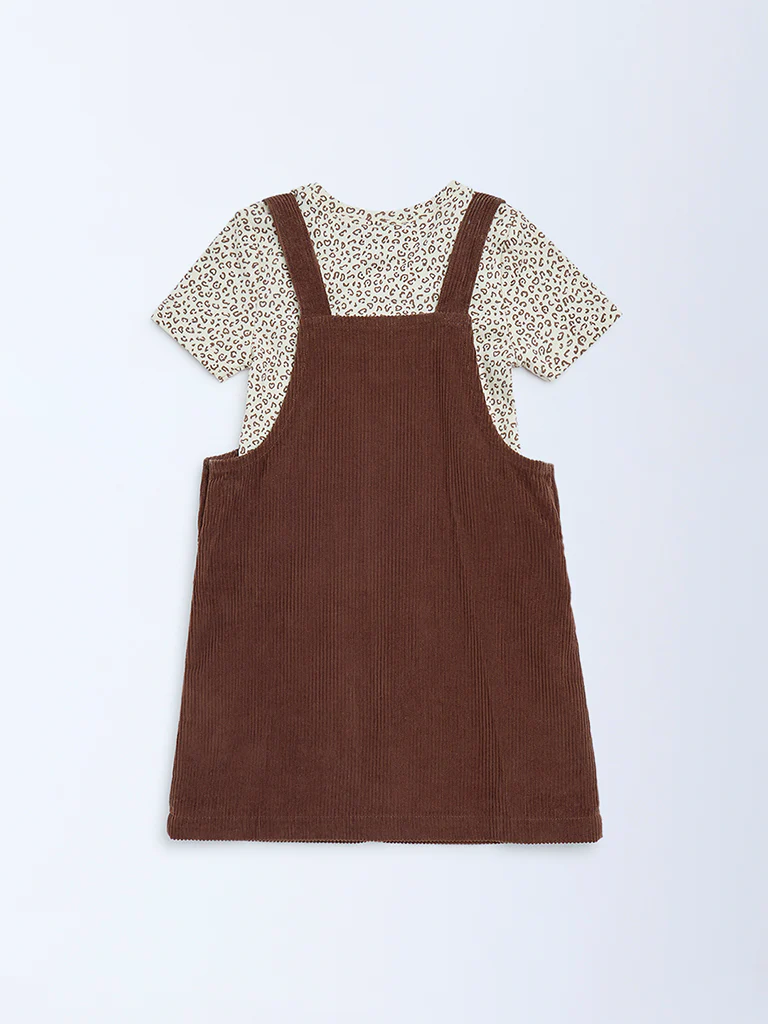 HOP Kids Girls Dark Brown Corduroy Pinafore with T-Shirt Set - Image 4