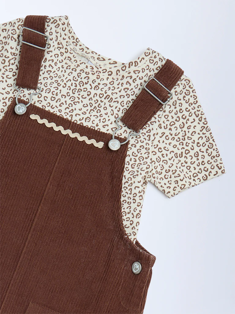 HOP Kids Girls Dark Brown Corduroy Pinafore with T-Shirt Set - Image 5