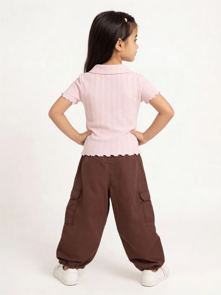 HOP Kids Girls Dark Brown Embroidered Mid-Rise Cotton Joggers - Image 3