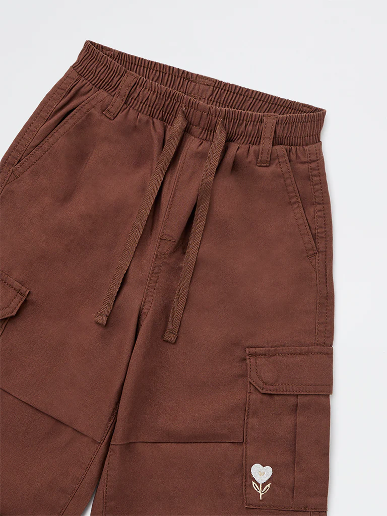 HOP Kids Girls Dark Brown Embroidered Mid-Rise Cotton Joggers - Image 6