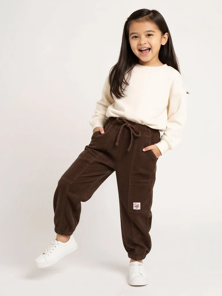 HOP Kids Girls Dark Brown Mid-Rise Corduroy Joggers