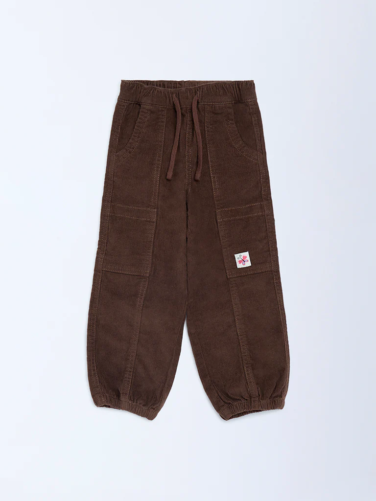 HOP Kids Girls Dark Brown Mid-Rise Corduroy Joggers - Image 3