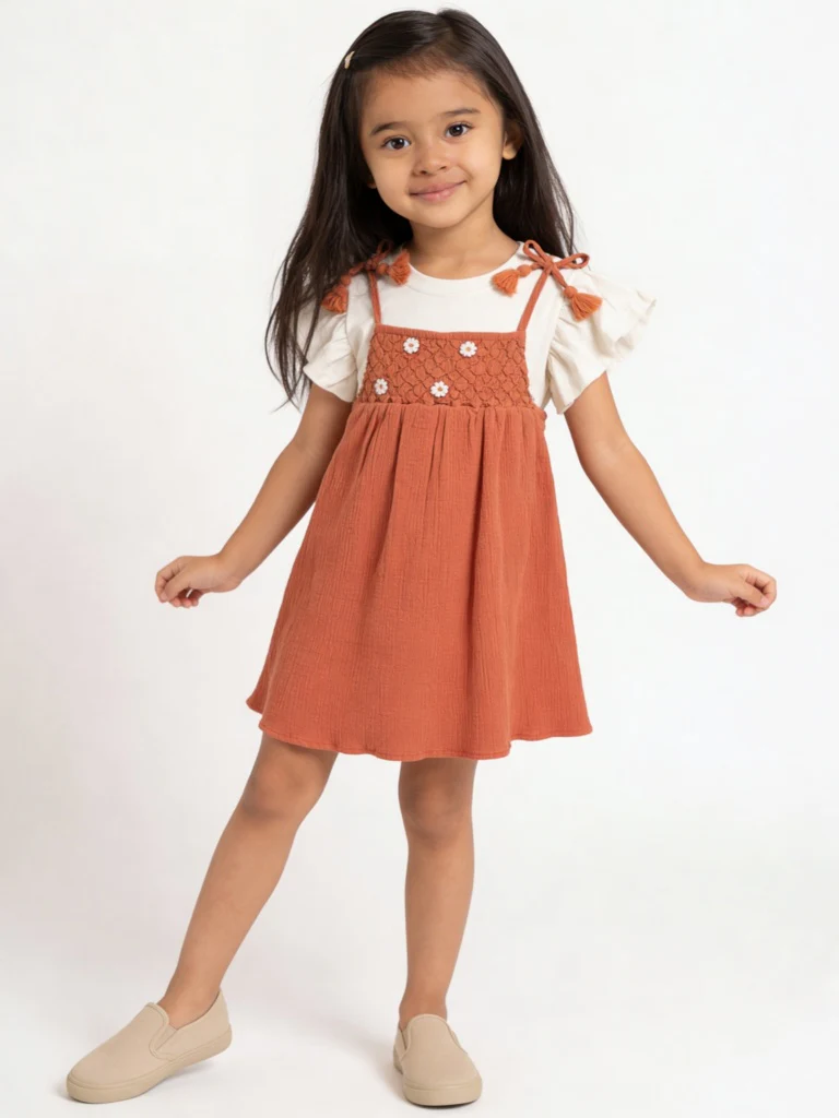 HOP Kids Girls Dusty Orange A-Line Cotton Dress and T-Shirt Set