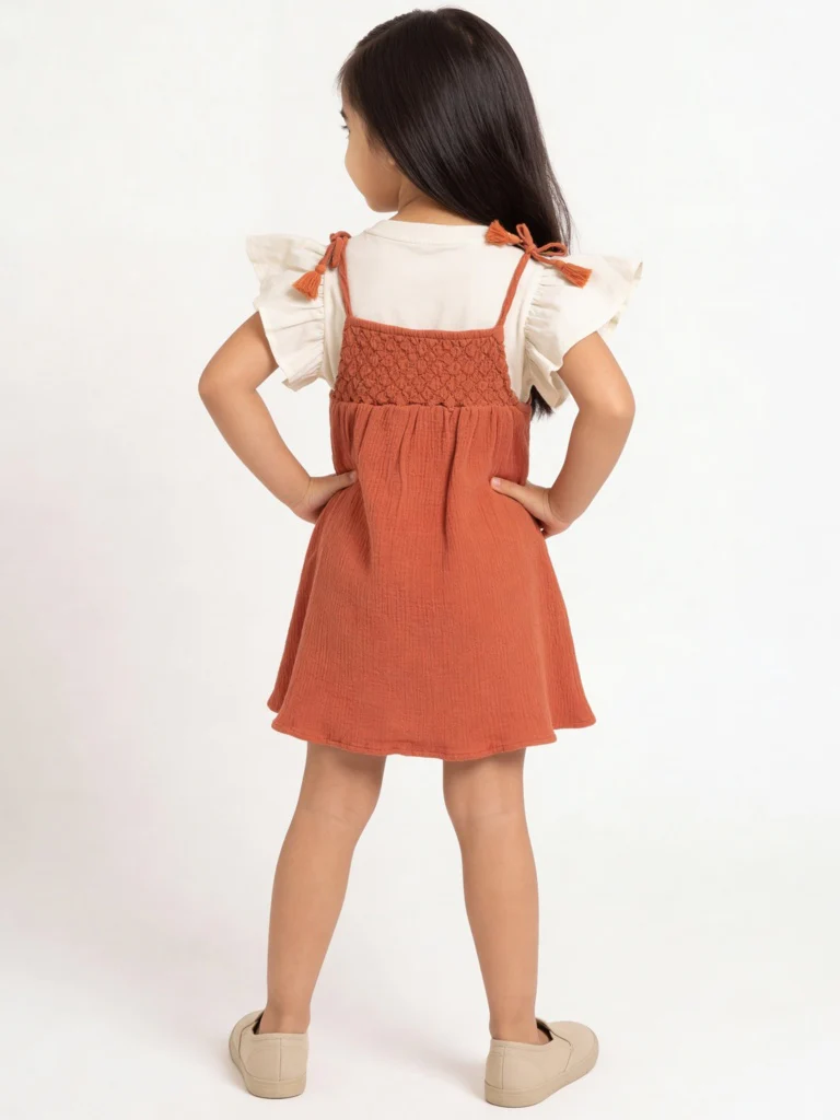 HOP Kids Girls Dusty Orange A-Line Cotton Dress and T-Shirt Set - Image 2