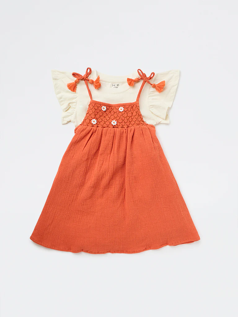 HOP Kids Girls Dusty Orange A-Line Cotton Dress and T-Shirt Set - Image 3