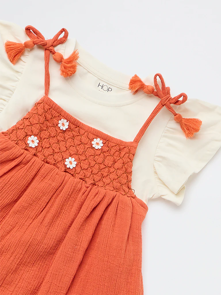 HOP Kids Girls Dusty Orange A-Line Cotton Dress and T-Shirt Set - Image 5