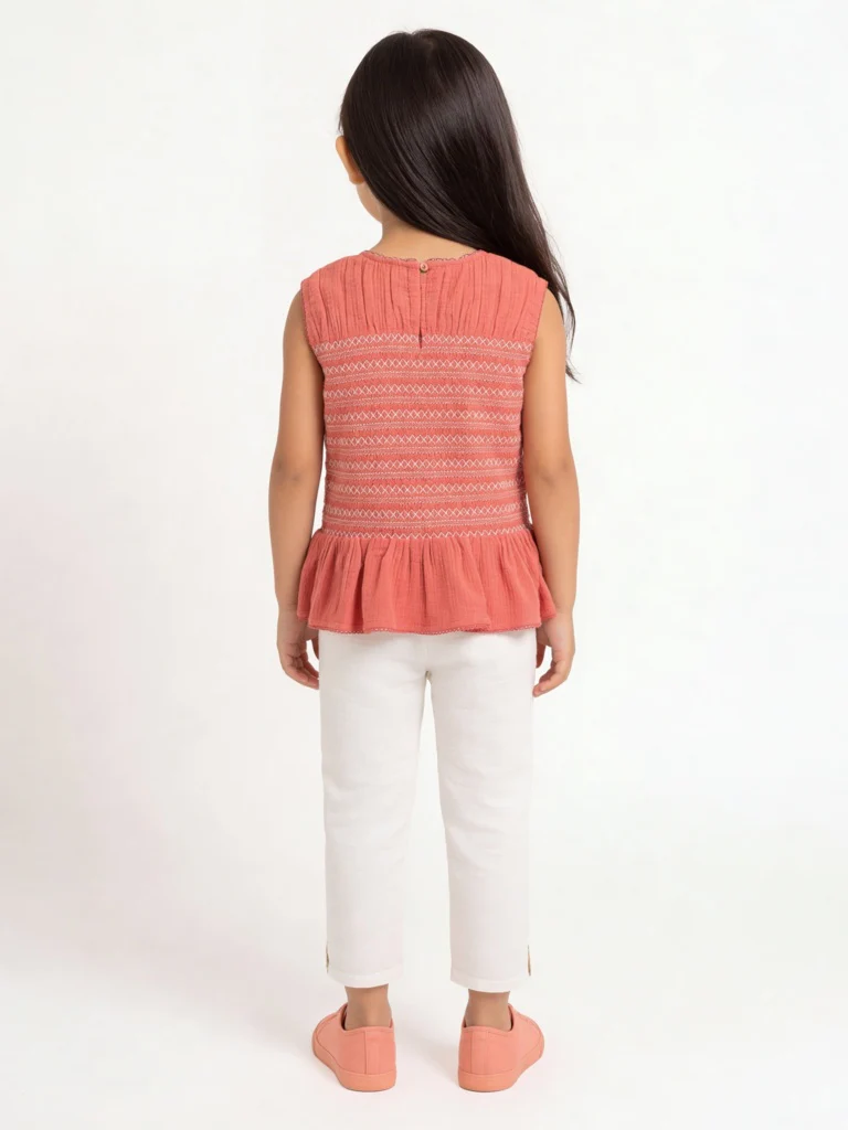 HOP Kids Girls Dusty Orange Embroidered Cotton Top - Image 2