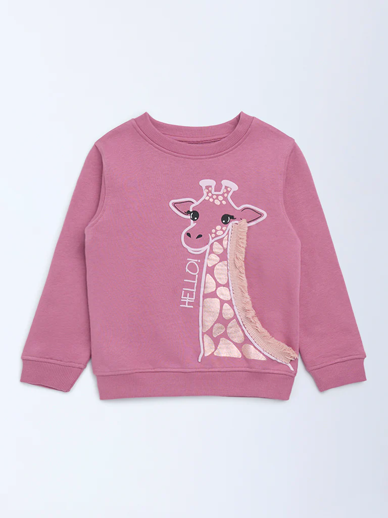 HOP Kids Girls Dusty Pink Animal Printed Cotton-Blend Sweatshirt - Image 3